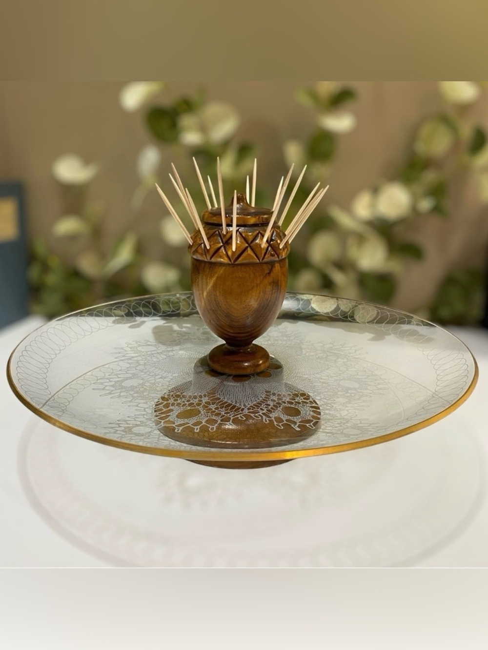 Vintage Mid Century Appetizer Pedistal Serving Tray Glass Wood Toothpick Holder